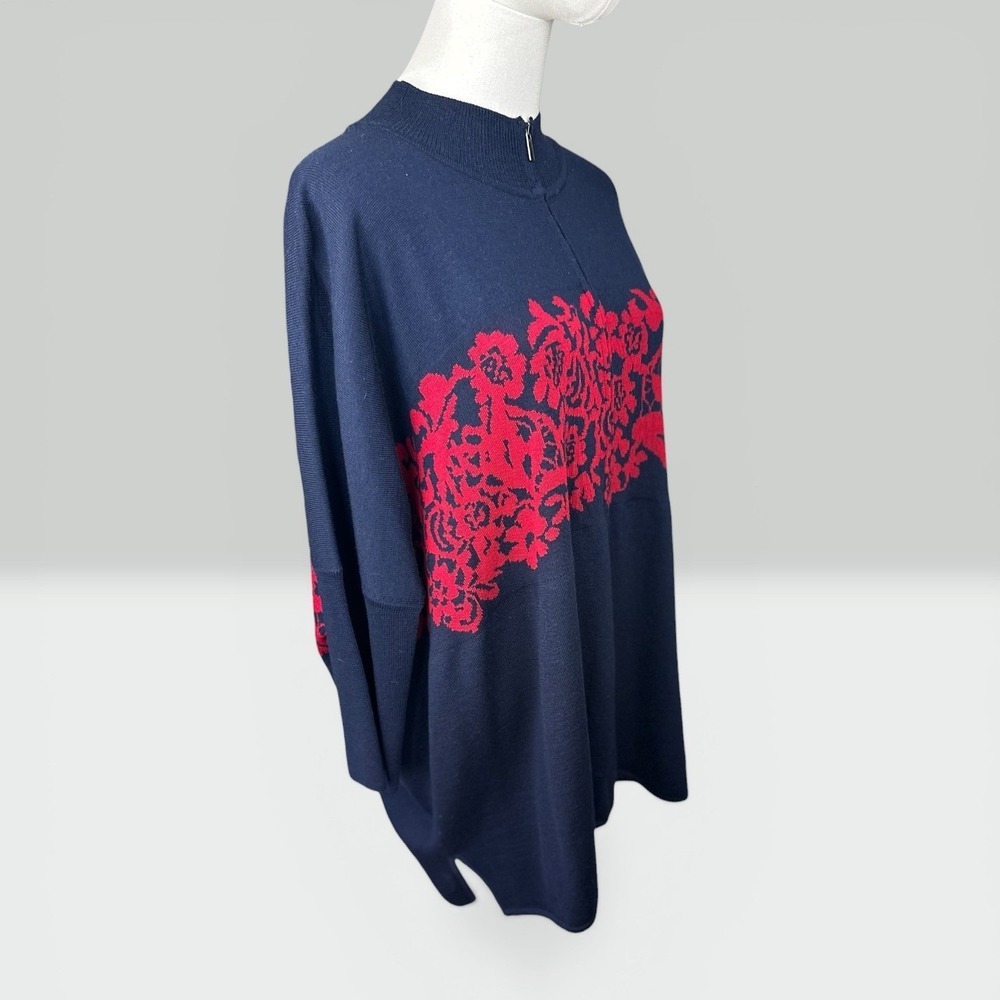 St. John NWT SZXL‎ Zip Front Cardigan Navy Blue Floral Intarsia Mock Neck Wool - Picture 3 of 15